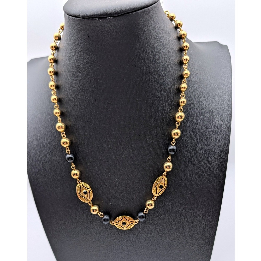 Vintage LCi Gold Tone Beaded Necklace Black Cabochon Filigree Stations 17.5 In